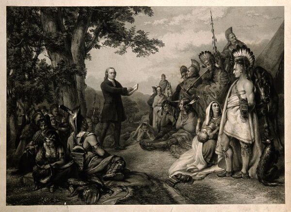 불꽃의 전도자: 존 웨슬리 부흥운동 2 640px John Wesley preaching to native American Indians. Engraving. Wellcome V0006867