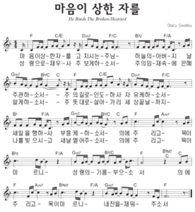 F코드 찬양 – ‘마음이 상한 자를 고치시는 주님’ 악보 다운로드 및 묵상